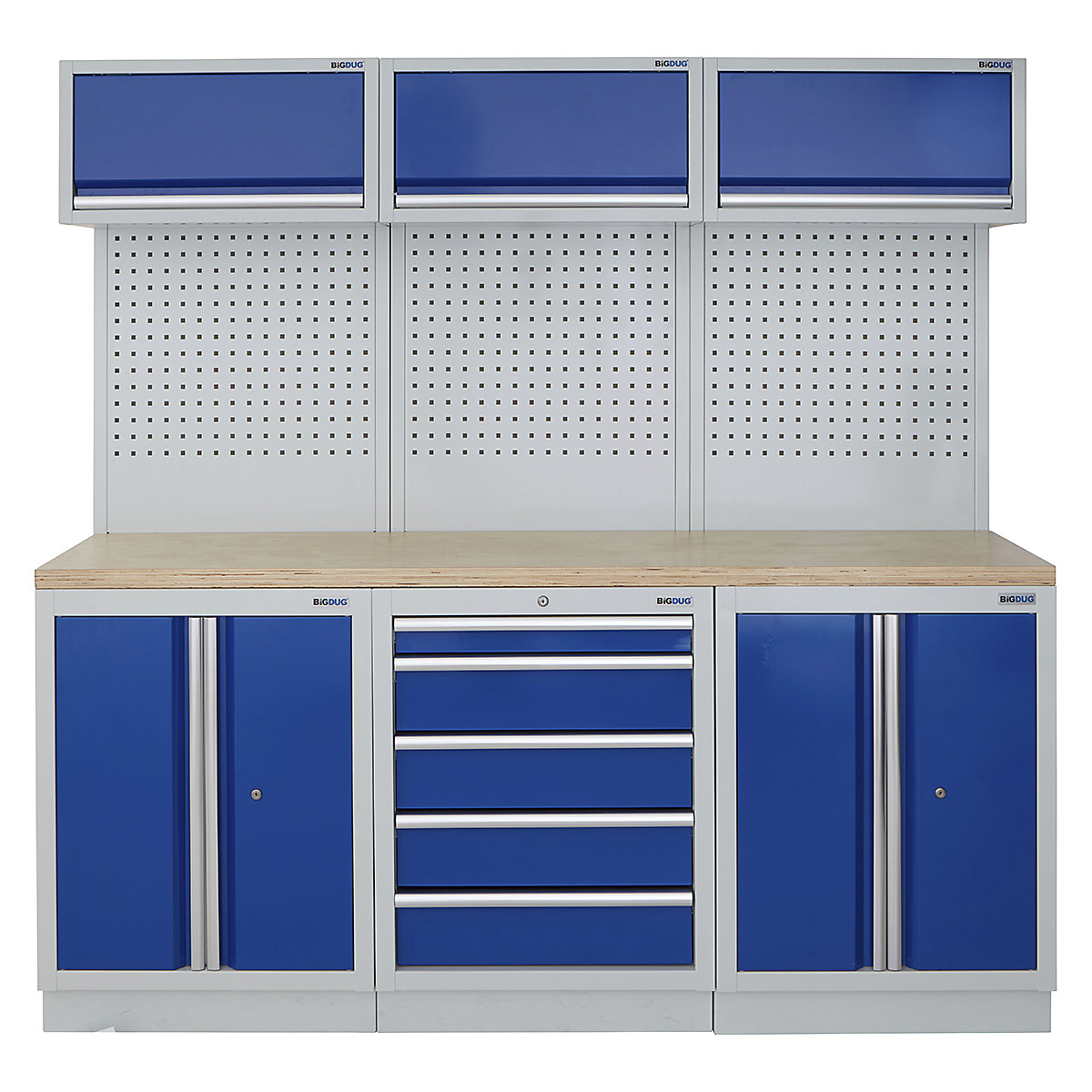 BiGDUG | 2041mm Wide Modular Storage System | 6 Cabinet, BiGDUG | 2041mm Wide Modular Storage System | 6 Cabinet, BiGDUG | 2041mm Wide Storage System | 2 Door Cupboard | 5 Drawer Cabinet | 2 Door Cupboard | 3x Wall Panel | 3x Wall Cupboard | Grey Housing | Blue Doors | Multiplex Worktop-0