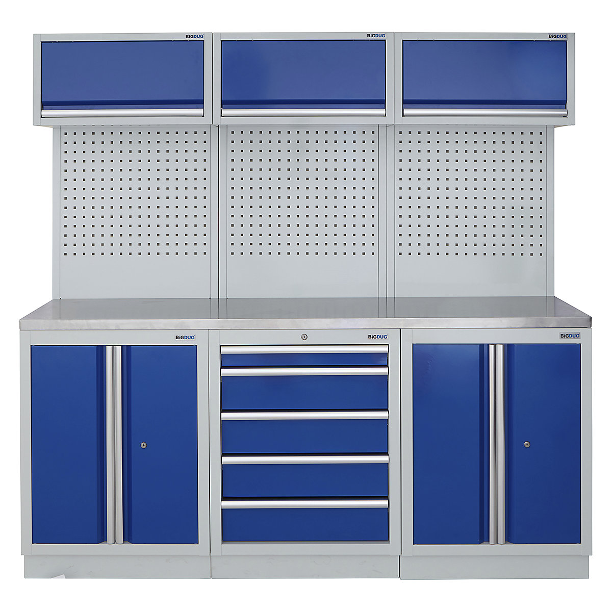 BiGDUG | 2041mm Wide Modular Storage System | 6 Cabinet, BiGDUG | 2041mm Wide Modular Storage System | 6 Cabinet, BiGDUG | 2041mm Wide Storage System | 2 Door Cupboard | 5 Drawer Cabinet | 2 Door Cupboard | 3x Wall Panel | 3x Wall Cupboard | Grey Housing | Blue Doors | Stainless Worktop-0