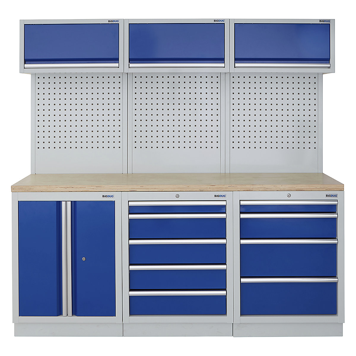 BiGDUG | 2041mm Wide Modular Storage System | 6 Cabinet, BiGDUG | 2041mm Wide Modular Storage System | 6 Cabinet, BiGDUG | 2041mm Wide Storage System | 2 Door Cupboard | 5 Drawer Cabinet | 4 Drawer Cabinet | 3x Wall Panel | 3x Wall Cupboard | Grey Housing | Blue Doors | Multiplex Worktop-0