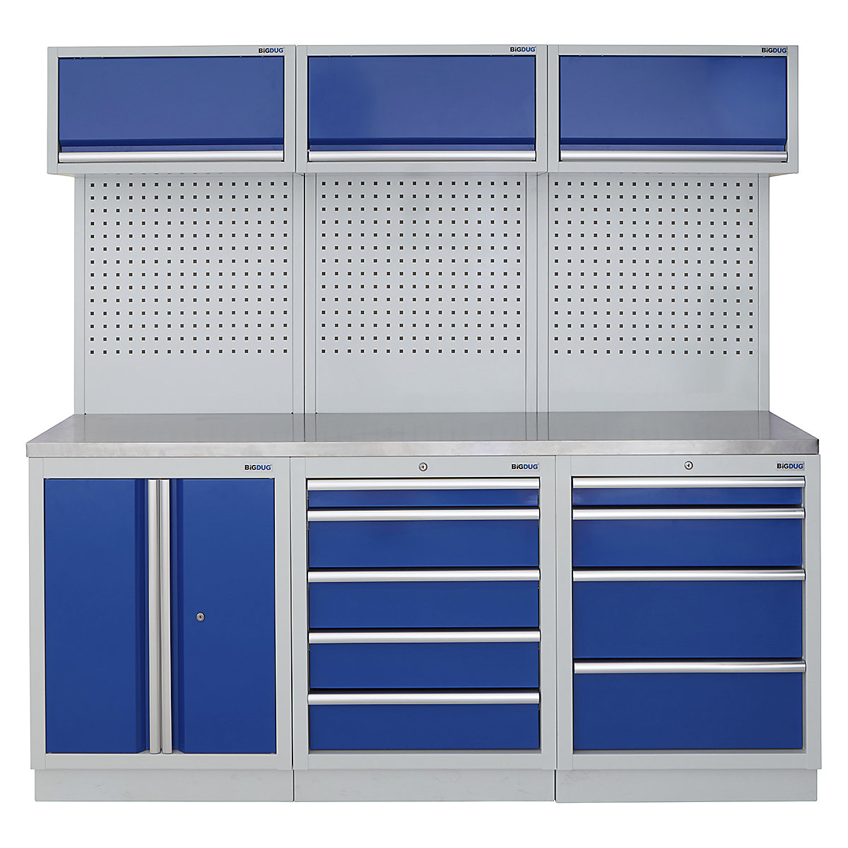 BiGDUG | 2041mm Wide Modular Storage System | 6 Cabinet, BiGDUG | 2041mm Wide Modular Storage System | 6 Cabinet, BiGDUG | 2041mm Wide Storage System | 2 Door Cupboard | 5 Drawer Cabinet | 4 Drawer Cabinet | 3x Wall Panel | 3x Wall Cupboard | Grey Housing | Blue Doors | Stainless Worktop-0