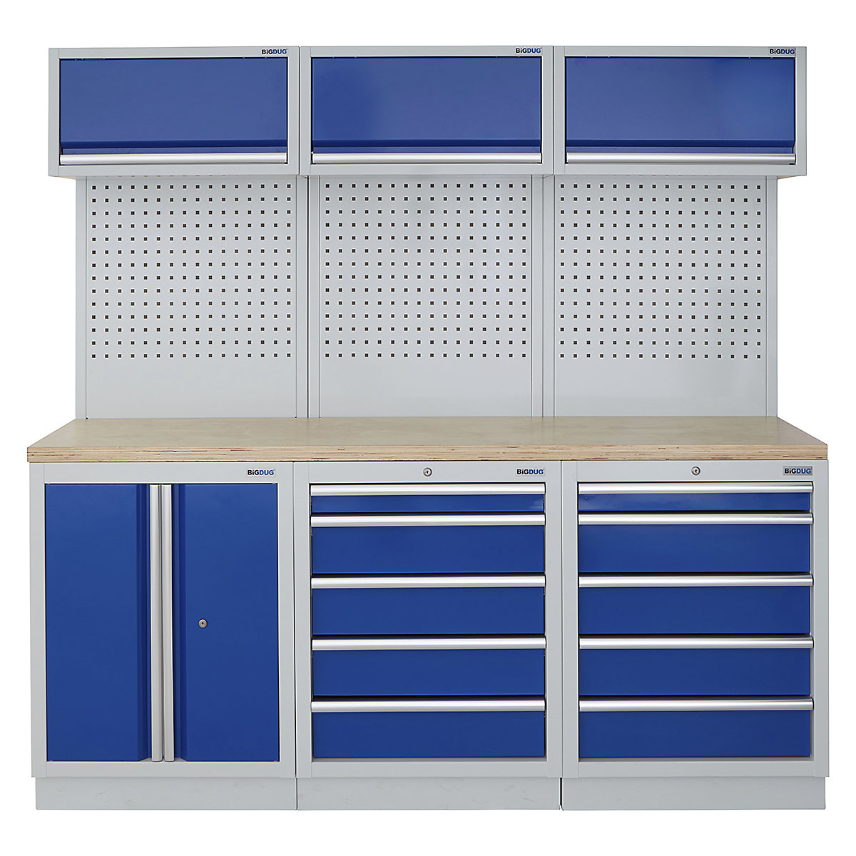 BiGDUG | 2041mm Wide Modular Storage System | 6 Cabinet, BiGDUG | 2041mm Wide Modular Storage System | 6 Cabinet, BiGDUG | 2041mm Wide Storage System | 2 Door Cupboard | 5 Drawer Cabinet | 5 Drawer Cabinet | 3x Wall Panel | 3x Wall Cupboard | Grey Housing | Blue Doors | Multiplex Worktop-0