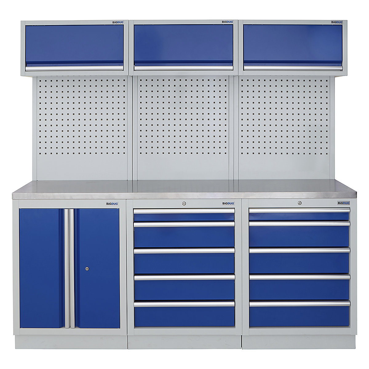 BiGDUG | 2041mm Wide Modular Storage System | 6 Cabinet, BiGDUG | 2041mm Wide Modular Storage System | 6 Cabinet, BiGDUG | 2041mm Wide Storage System | 2 Door Cupboard | 5 Drawer Cabinet | 5 Drawer Cabinet | 3x Wall Panel | 3x Wall Cupboard | Grey Housing | Blue Doors | Stainless Worktop-0