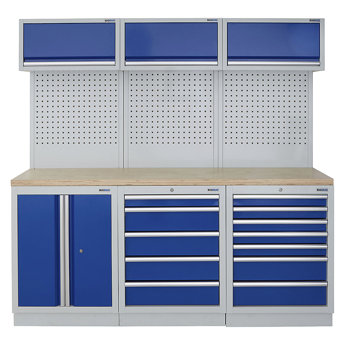 BiGDUG | 2041mm Wide Modular Storage System | 6 Cabinet, BiGDUG | 2041mm Wide Modular Storage System | 6 Cabinet, BiGDUG | 2041mm Wide Storage System | 2 Door Cupboard | 5 Drawer Cabinet | 7 Drawer Cabinet | 3x Wall Panel | 3x Wall Cupboard | Grey Housing | Blue Doors | Multiplex Worktop-0