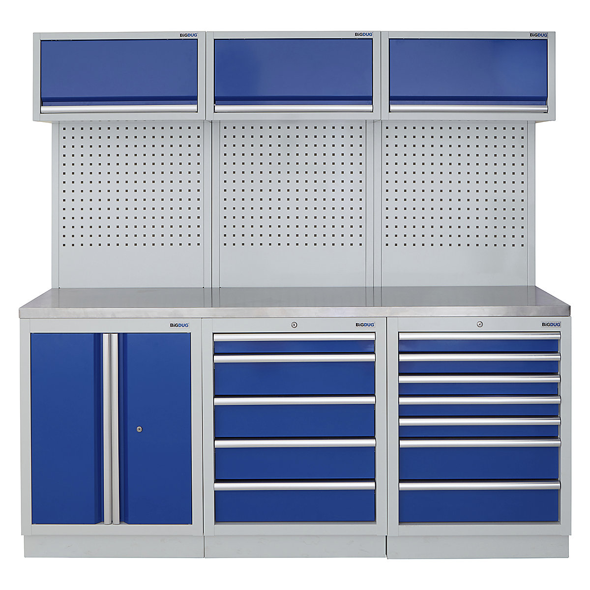 BiGDUG | 2041mm Wide Modular Storage System | 6 Cabinet, BiGDUG | 2041mm Wide Modular Storage System | 6 Cabinet, BiGDUG | 2041mm Wide Storage System | 2 Door Cupboard | 5 Drawer Cabinet | 7 Drawer Cabinet | 3x Wall Panel | 3x Wall Cupboard | Grey Housing | Blue Doors | Stainless Worktop-0