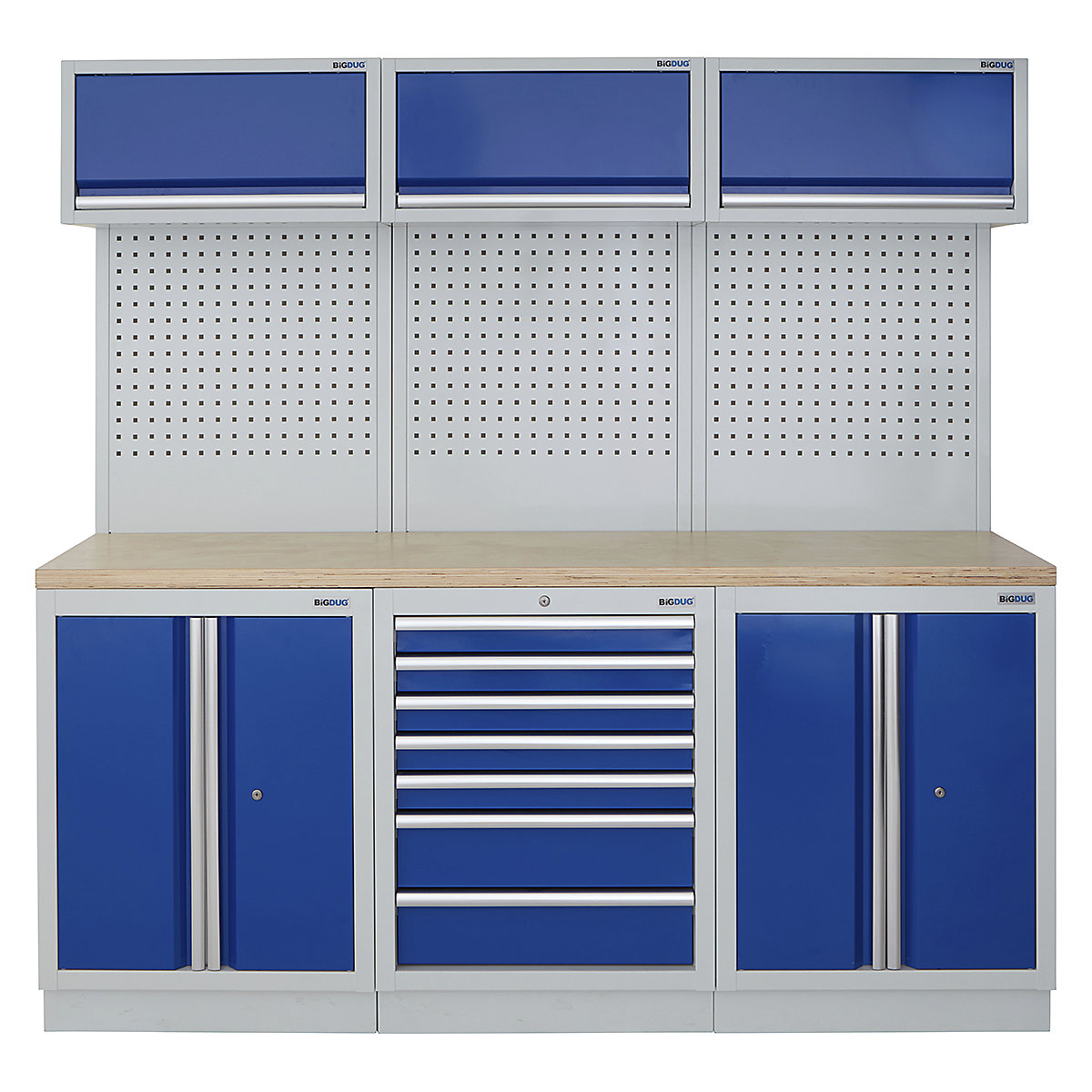 BiGDUG | 2041mm Wide Modular Storage System | 6 Cabinet, BiGDUG | 2041mm Wide Modular Storage System | 6 Cabinet, BiGDUG | 2041mm Wide Storage System | 2 Door Cupboard | 7 Drawer Cabinet | 2 Door Cupboard | 3x Wall Panel | 3x Wall Cupboard | Grey Housing | Blue Doors | Multiplex Worktop-0