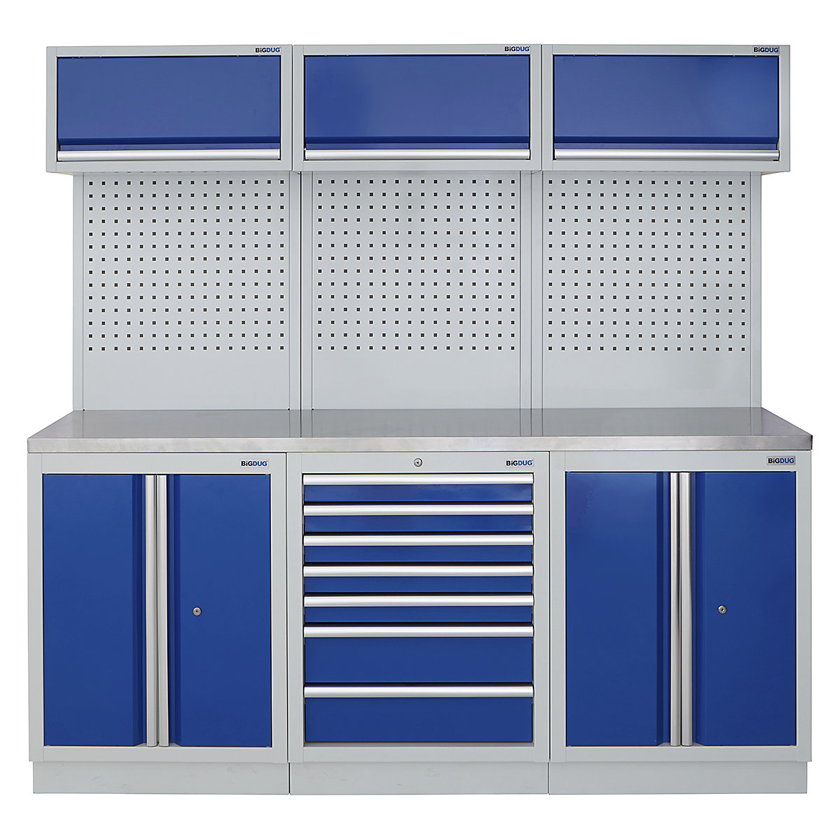 BiGDUG | 2041mm Wide Modular Storage System | 6 Cabinet, BiGDUG | 2041mm Wide Modular Storage System | 6 Cabinet, BiGDUG | 2041mm Wide Storage System | 2 Door Cupboard | 7 Drawer Cabinet | 2 Door Cupboard | 3x Wall Panel | 3x Wall Cupboard | Grey Housing | Blue Doors | Stainless Worktop-0