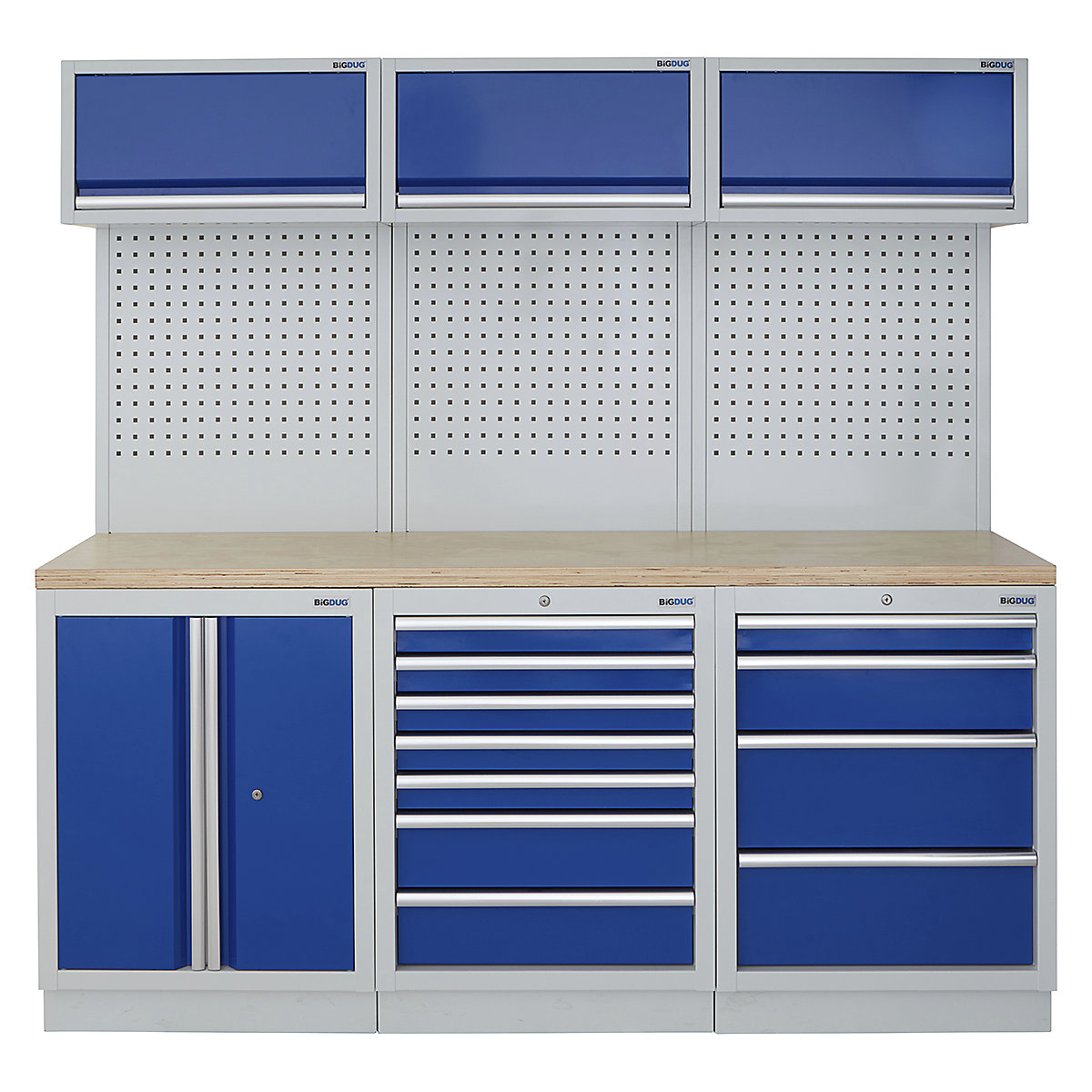 BiGDUG | 2041mm Wide Modular Storage System | 6 Cabinet, BiGDUG | 2041mm Wide Modular Storage System | 6 Cabinet, BiGDUG | 2041mm Wide Storage System | 2 Door Cupboard | 7 Drawer Cabinet | 4 Drawer Cabinet | 3x Wall Panel | 3x Wall Cupboard | Grey Housing | Blue Doors | Multiplex Worktop-0