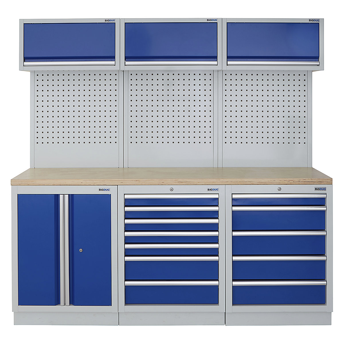 BiGDUG | 2041mm Wide Modular Storage System | 6 Cabinet, BiGDUG | 2041mm Wide Modular Storage System | 6 Cabinet, BiGDUG | 2041mm Wide Storage System | 2 Door Cupboard | 7 Drawer Cabinet | 5 Drawer Cabinet | 3x Wall Panel | 3x Wall Cupboard | Grey Housing | Blue Doors | Multiplex Worktop-0