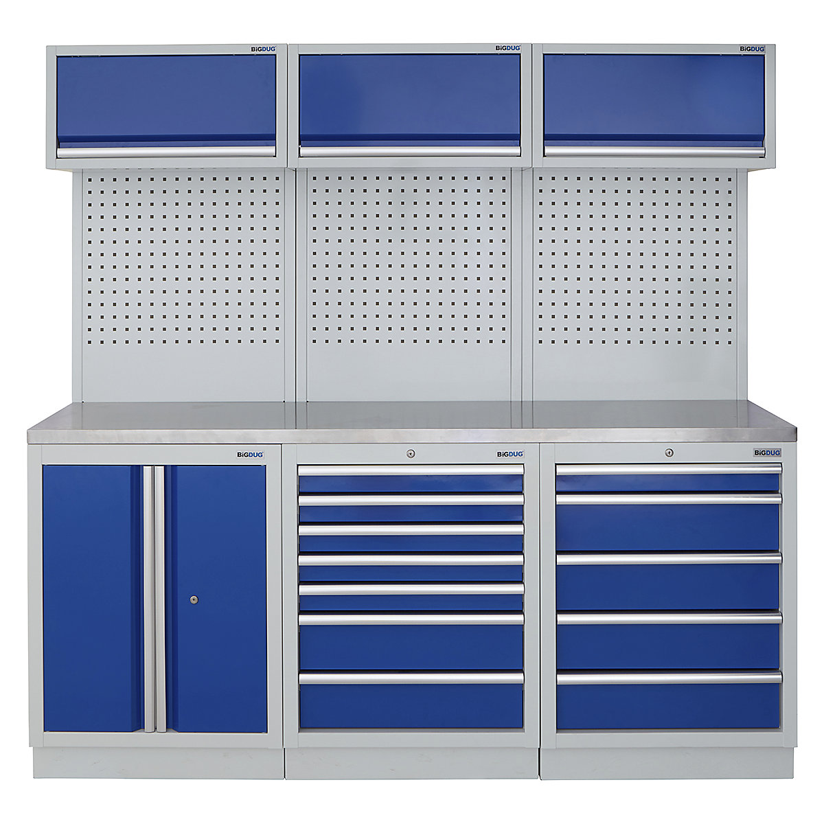 BiGDUG | 2041mm Wide Modular Storage System | 6 Cabinet, BiGDUG | 2041mm Wide Modular Storage System | 6 Cabinet, BiGDUG | 2041mm Wide Storage System | 2 Door Cupboard | 7 Drawer Cabinet | 5 Drawer Cabinet | 3x Wall Panel | 3x Wall Cupboard | Grey Housing | Blue Doors | Stainless Worktop-0