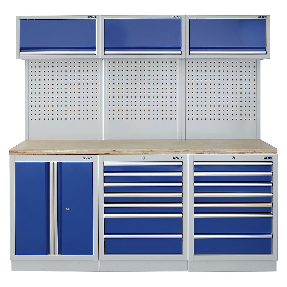 BiGDUG | 2041mm Wide Modular Storage System | 6 Cabinet, BiGDUG | 2041mm Wide Modular Storage System | 6 Cabinet, BiGDUG | 2041mm Wide Storage System | 2 Door Cupboard | 7 Drawer Cabinet | 7 Drawer Cabinet | 3x Wall Panel | 3x Wall Cupboard | Grey Housing | Blue Doors | Multiplex Worktop-0