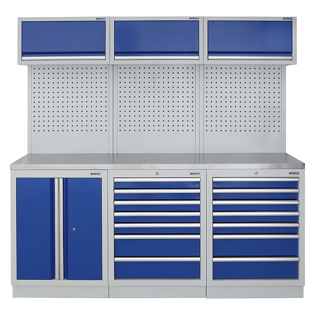 BiGDUG | 2041mm Wide Modular Storage System | 6 Cabinet, BiGDUG | 2041mm Wide Modular Storage System | 6 Cabinet, BiGDUG | 2041mm Wide Storage System | 2 Door Cupboard | 7 Drawer Cabinet | 7 Drawer Cabinet | 3x Wall Panel | 3x Wall Cupboard | Grey Housing | Blue Doors | Stainless Worktop-0