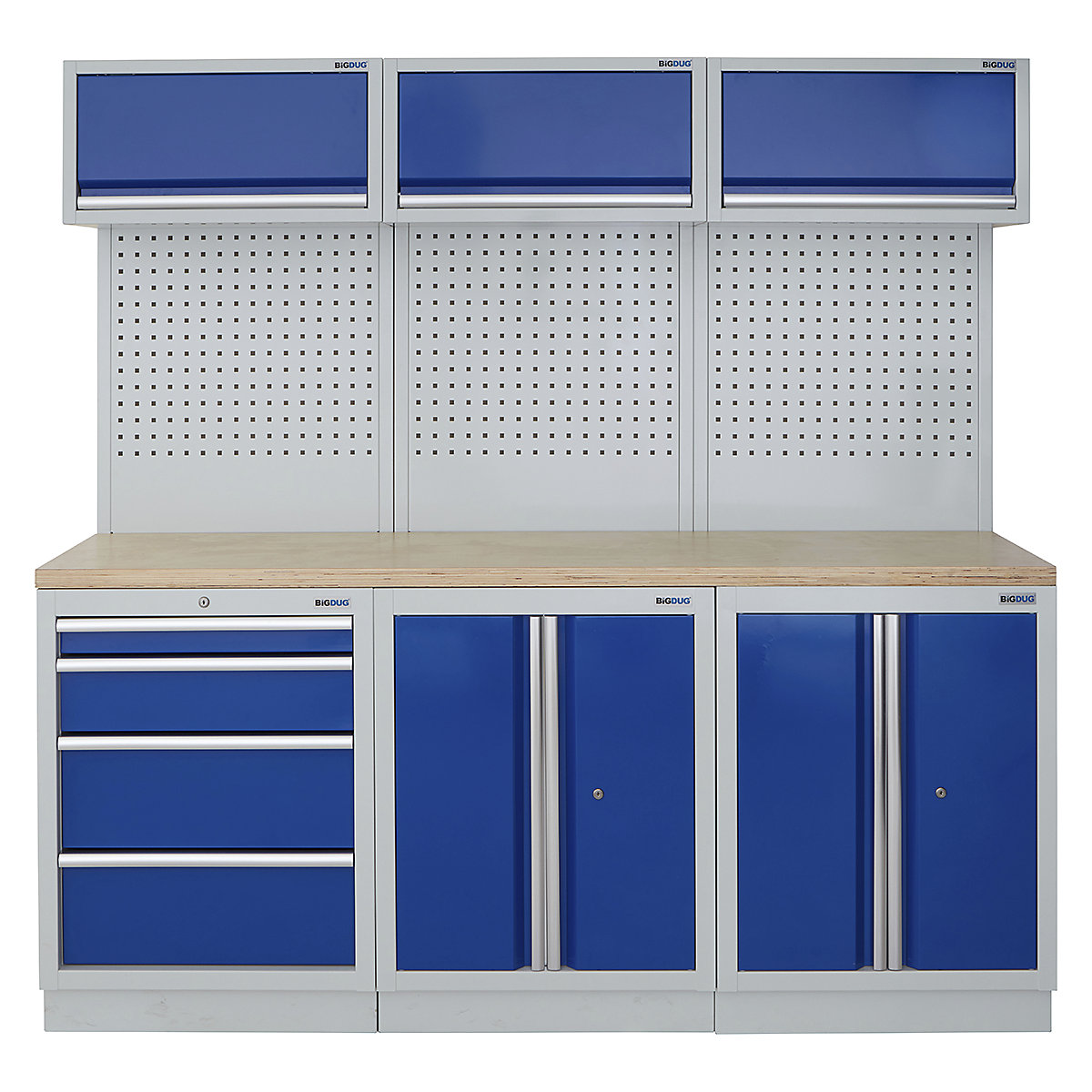 BiGDUG | 2041mm Wide Modular Storage System | 6 Cabinet, BiGDUG | 2041mm Wide Modular Storage System | 6 Cabinet, BiGDUG | 2041mm Wide Storage System | 4 Drawer Cabinet | 2 Door Cupboard | 2 Door Cupboard | 3x Wall Panel | 3x Wall Cupboard | Grey Housing | Blue Doors | Multiplex Worktop-0