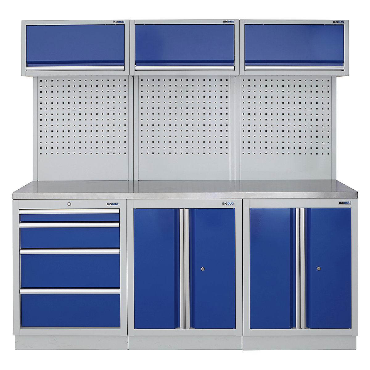 BiGDUG | 2041mm Wide Modular Storage System | 6 Cabinet, BiGDUG | 2041mm Wide Modular Storage System | 6 Cabinet, BiGDUG | 2041mm Wide Storage System | 4 Drawer Cabinet | 2 Door Cupboard | 2 Door Cupboard | 3x Wall Panel | 3x Wall Cupboard | Grey Housing | Blue Doors | Stainless Worktop-0