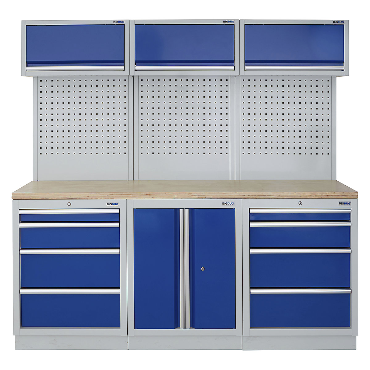BiGDUG | 2041mm Wide Modular Storage System | 6 Cabinet, BiGDUG | 2041mm Wide Modular Storage System | 6 Cabinet, BiGDUG | 2041mm Wide Storage System | 2 Door Cupboard | 4 Drawer Cabinet | 2 Door Cupboard | 3x Wall Panel | 3x Wall Cupboard | Grey Housing | Blue Doors | Multiplex Worktop-0