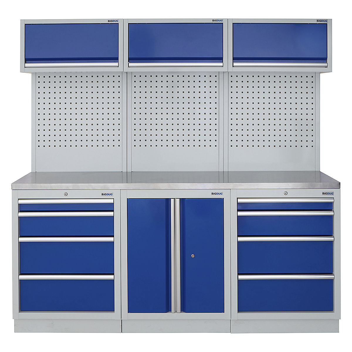 BiGDUG | 2041mm Wide Modular Storage System | 6 Cabinet, BiGDUG | 2041mm Wide Modular Storage System | 6 Cabinet, BiGDUG | 2041mm Wide Storage System | 4 Drawer Cabinet | 2 Door Cupboard | 4 Drawer Cabinet | 3x Wall Panel | 3x Wall Cupboard | Grey Housing | Blue Doors | Stainless Worktop-0