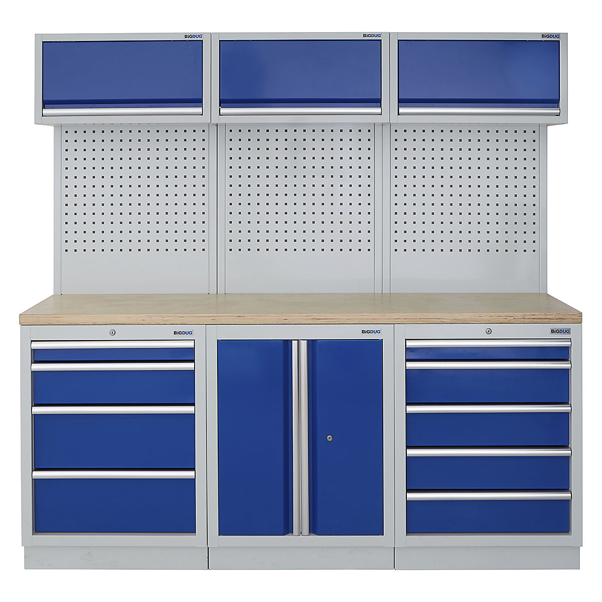 BiGDUG | 2041mm Wide Modular Storage System | 6 Cabinet, BiGDUG | 2041mm Wide Modular Storage System | 6 Cabinet, BiGDUG | 2041mm Wide Storage System | 4 Drawer Cabinet | 2 Door Cupboard | 5 Drawer Cabinet | 3x Wall Panel | 3x Wall Cupboard | Grey Housing | Blue Doors | Multiplex Worktop-0