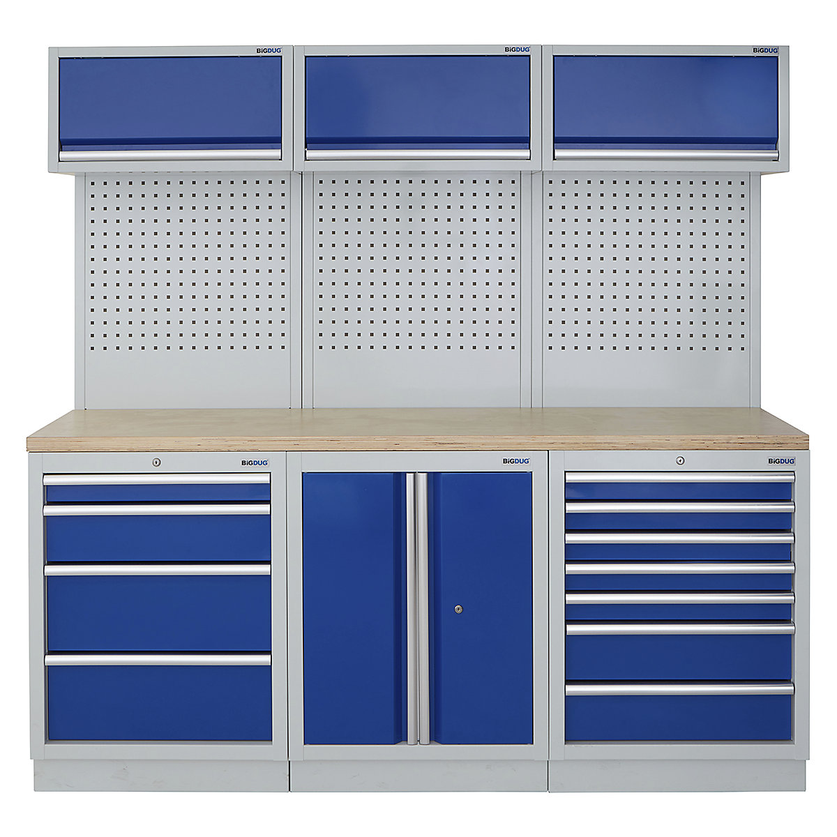 BiGDUG | 2041mm Wide Modular Storage System | 6 Cabinet, BiGDUG | 2041mm Wide Modular Storage System | 6 Cabinet, BiGDUG | 2041mm Wide Storage System | 4 Drawer Cabinet | 2 Door Cupboard | 7 Drawer Cabinet | 3x Wall Panel | 3x Wall Cupboard | Grey Housing | Blue Doors | Multiplex Worktop-0
