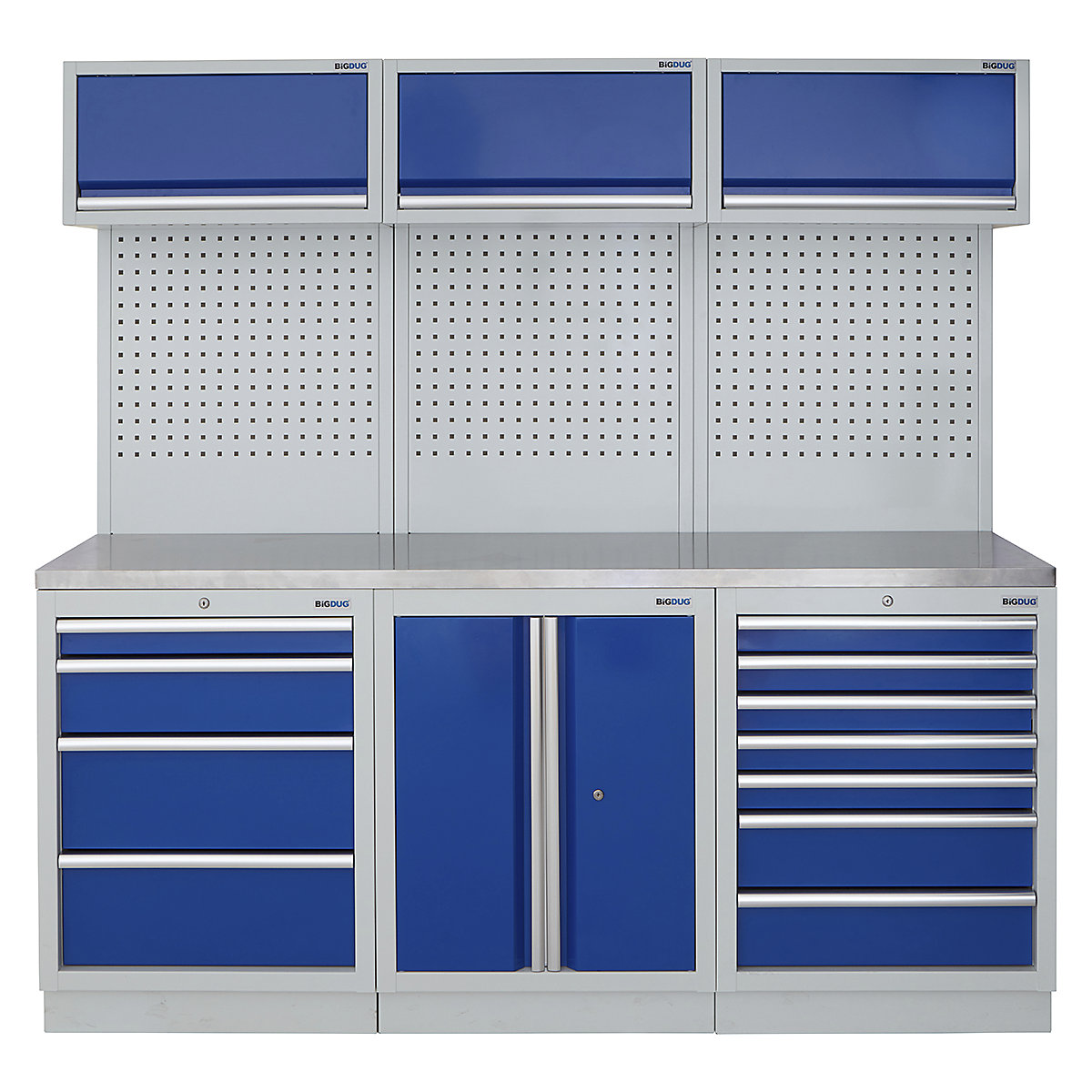 BiGDUG | 2041mm Wide Modular Storage System | 6 Cabinet, BiGDUG | 2041mm Wide Modular Storage System | 6 Cabinet, BiGDUG | 2041mm Wide Storage System | 4 Drawer Cabinet | 2 Door Cupboard | 7 Drawer Cabinet | 3x Wall Panel | 3x Wall Cupboard | Grey Housing | Blue Doors | Stainless Worktop-0