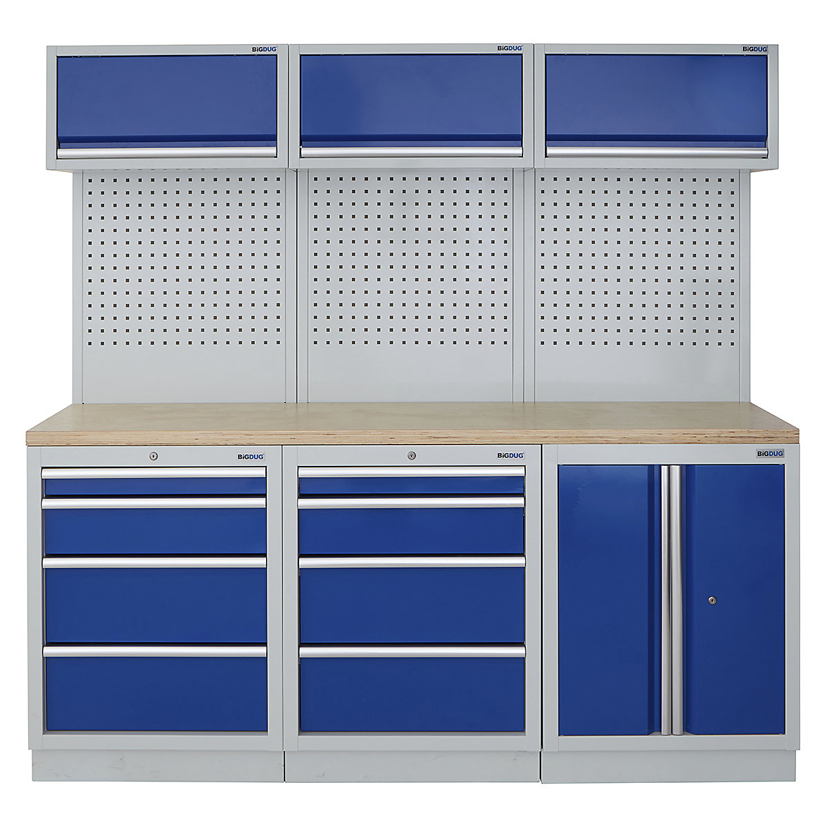 BiGDUG | 2041mm Wide Modular Storage System | 6 Cabinet, BiGDUG | 2041mm Wide Modular Storage System | 6 Cabinet, BiGDUG | 2041mm Wide Storage System | 2 Door Cupboard | 2 Door Cupboard | 4 Drawer Cabinet | 3x Wall Panel | 3x Wall Cupboard | Grey Housing | Blue Doors | Multiplex Worktop-0
