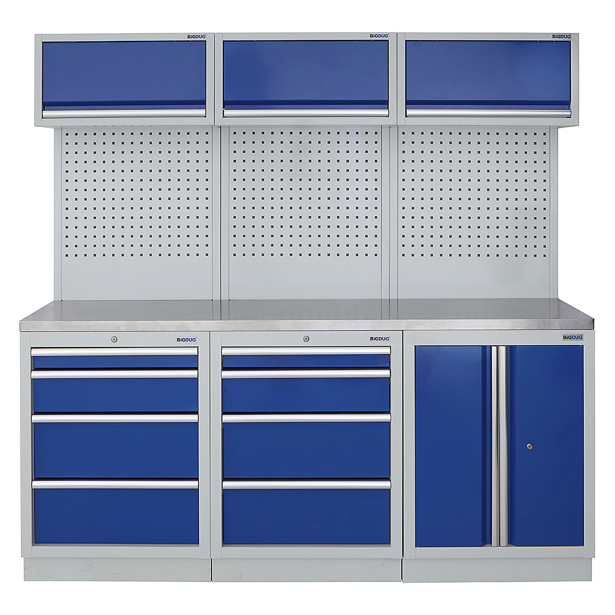 BiGDUG | 2041mm Wide Modular Storage System | 6 Cabinet, BiGDUG | 2041mm Wide Modular Storage System | 6 Cabinet, BiGDUG | 2041mm Wide Storage System | 4 Drawer Cabinet | 4 Drawer Cabinet | 2 Door Cupboard | 3x Wall Panel | 3x Wall Cupboard | Grey Housing | Blue Doors | Stainless Worktop-0