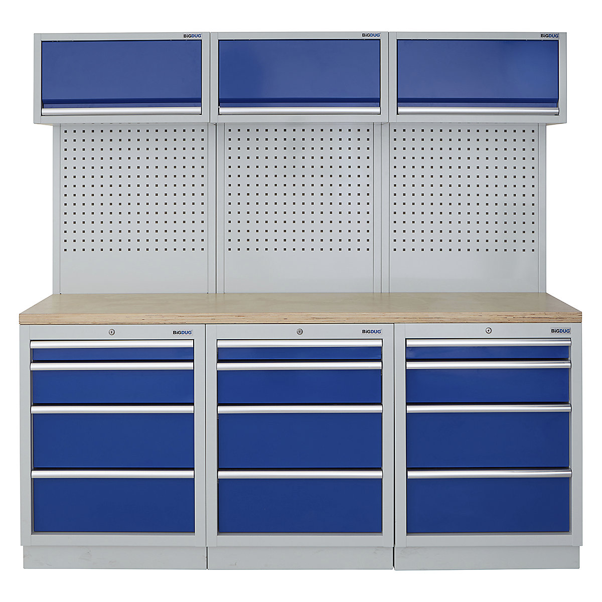 BiGDUG | 2041mm Wide Modular Storage System | 6 Cabinet, BiGDUG | 2041mm Wide Modular Storage System | 6 Cabinet, BiGDUG | 2041mm Wide Storage System | 3x 4 Drawer Cabinet | 3x Wall Panel | 3x Wall Cupboard | Grey Housing | Blue Doors | Multiplex Worktop-0