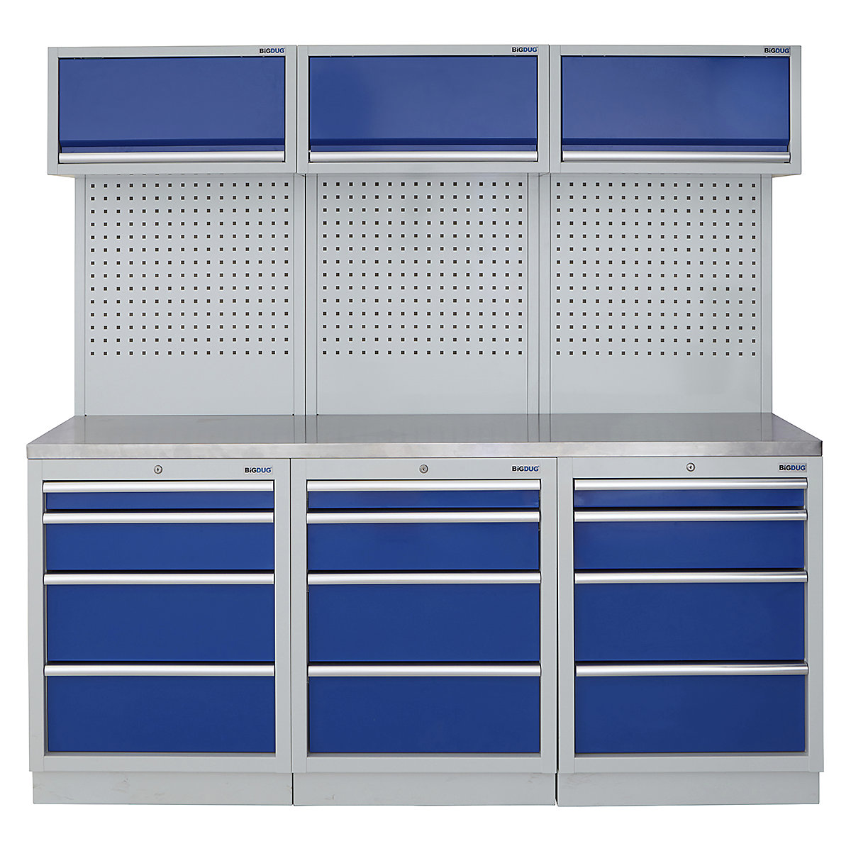 BiGDUG | 2041mm Wide Modular Storage System | 6 Cabinet, BiGDUG | 2041mm Wide Modular Storage System | 6 Cabinet, BiGDUG | 2041mm Wide Storage System | 3x 4 Drawer Cabinet | 3x Wall Panel | 3x Wall Cupboard | Grey Housing | Blue Doors | Stainless Worktop-0
