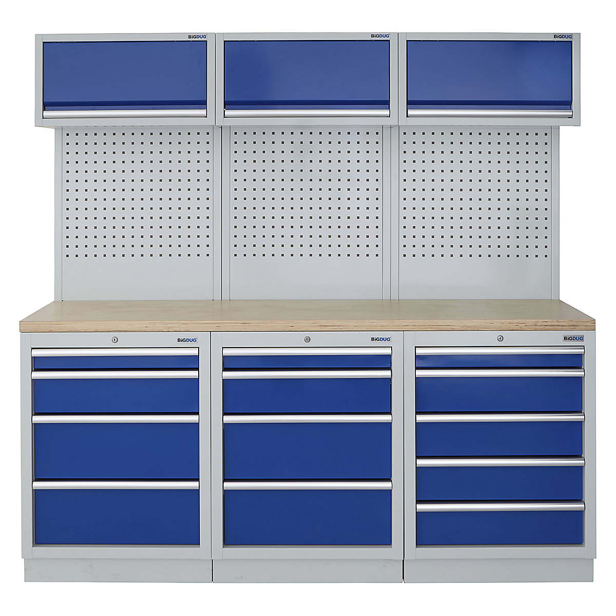 BiGDUG | 2041mm Wide Modular Storage System | 6 Cabinet, BiGDUG | 2041mm Wide Modular Storage System | 6 Cabinet, BiGDUG | 2041mm Wide Storage System | 4 Drawer Cabinet | 4 Drawer Cabinet | 5 Drawer Cabinet | 3x Wall Panel | 3x Wall Cupboard | Grey Housing | Blue Doors | Multiplex Worktop-0
