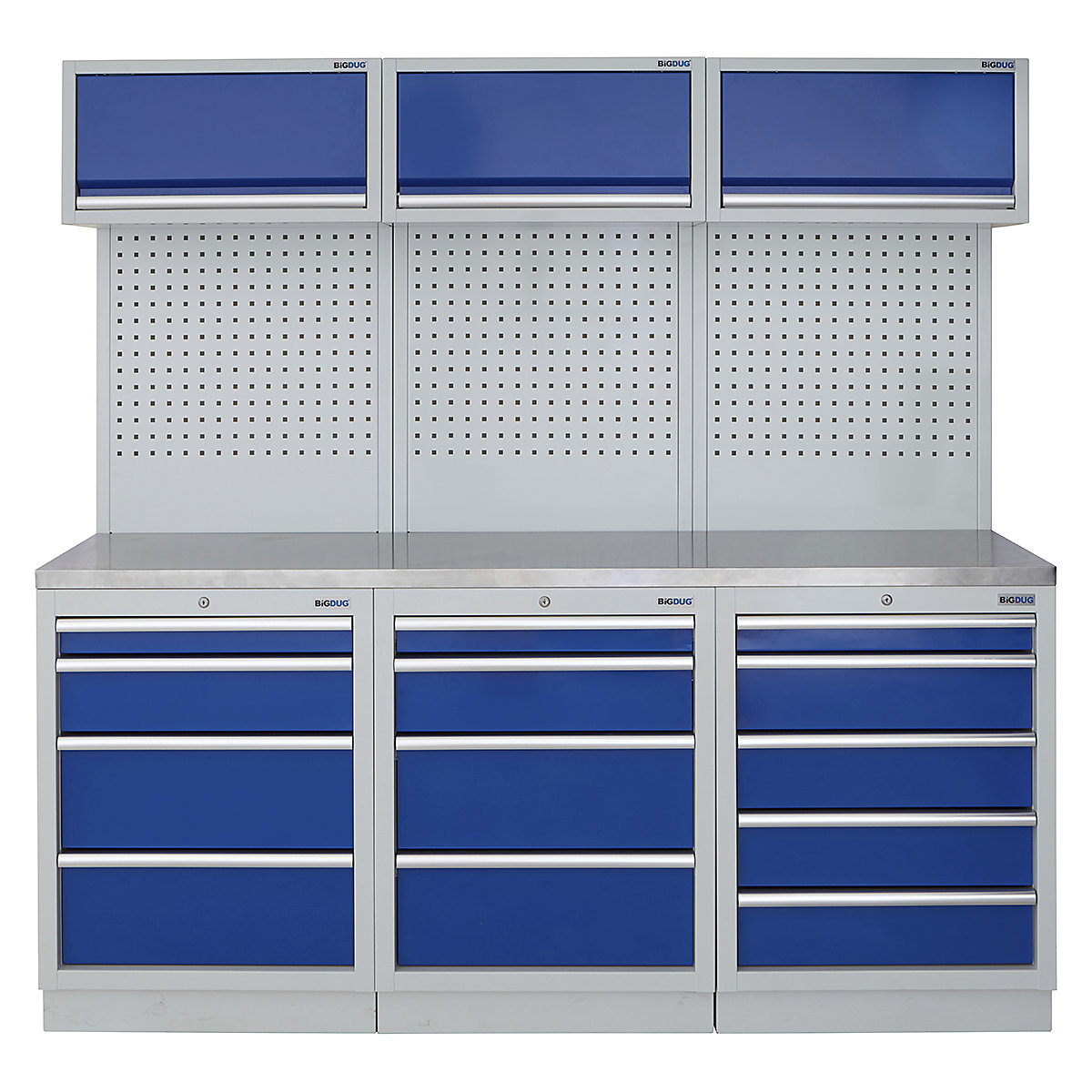 BiGDUG | 2041mm Wide Modular Storage System | 6 Cabinet, BiGDUG | 2041mm Wide Modular Storage System | 6 Cabinet, BiGDUG | 2041mm Wide Storage System | 4 Drawer Cabinet | 4 Drawer Cabinet | 5 Drawer Cabinet | 3x Wall Panel | 3x Wall Cupboard | Grey Housing | Blue Doors | Stainless Worktop-0