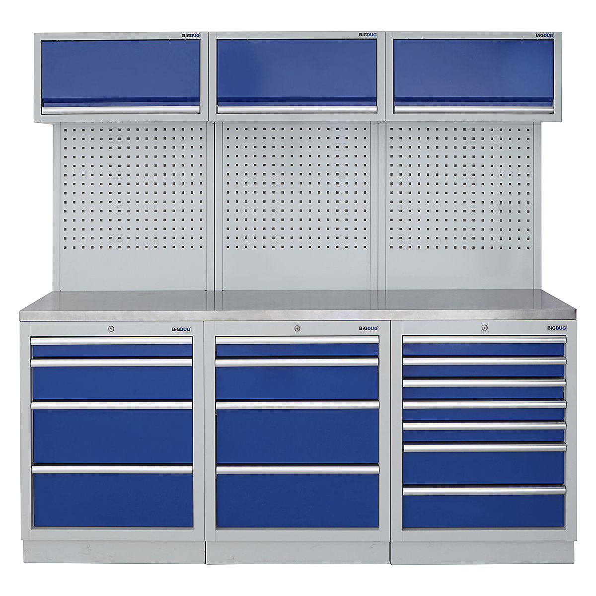 BiGDUG | 2041mm Wide Modular Storage System | 6 Cabinet, BiGDUG | 2041mm Wide Modular Storage System | 6 Cabinet, BiGDUG | 2041mm Wide Storage System | 4 Drawer Cabinet | 4 Drawer Cabinet | 7 Drawer Cabinet | 3x Wall Panel | 3x Wall Cupboard | Grey Housing | Blue Doors | Stainless Worktop-0