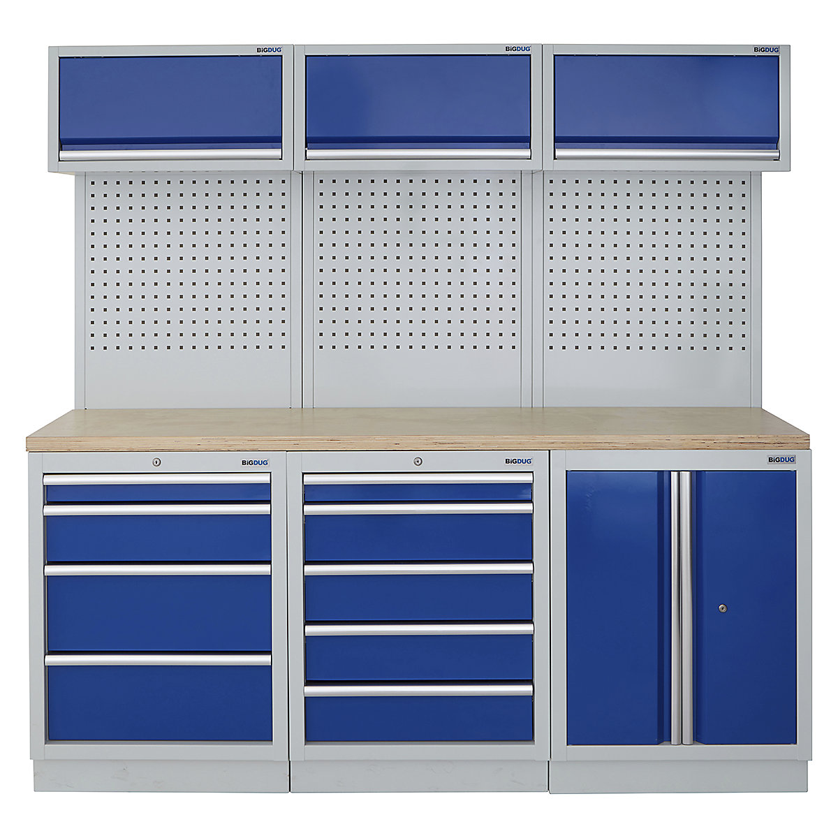 BiGDUG | 2041mm Wide Modular Storage System | 6 Cabinet, BiGDUG | 2041mm Wide Modular Storage System | 6 Cabinet, BiGDUG | 2041mm Wide Storage System | 4 Drawer Cabinet | 5 Drawer Cabinet | 2 Door Cupboard | 3x Wall Panel | 3x Wall Cupboard | Grey Housing | Blue Doors | Multiplex Worktop-0