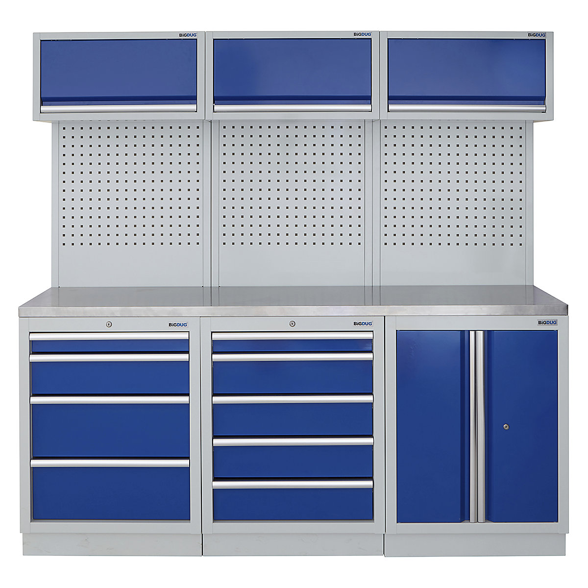 BiGDUG | 2041mm Wide Modular Storage System | 6 Cabinet, BiGDUG | 2041mm Wide Modular Storage System | 6 Cabinet, BiGDUG | 2041mm Wide Storage System | 4 Drawer Cabinet | 5 Drawer Cabinet | 2 Door Cupboard | 3x Wall Panel | 3x Wall Cupboard | Grey Housing | Blue Doors | Stainless Worktop-0