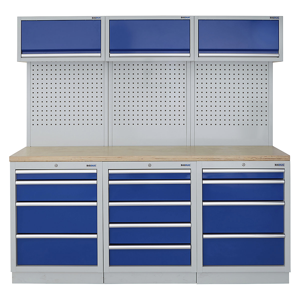 BiGDUG | 2041mm Wide Modular Storage System | 6 Cabinet, BiGDUG | 2041mm Wide Modular Storage System | 6 Cabinet, BiGDUG | 2041mm Wide Storage System | 4 Drawer Cabinet | 5 Drawer Cabinet | 4 Drawer Cabinet | 3x Wall Panel | 3x Wall Cupboard | Grey Housing | Blue Doors | Multiplex Worktop-0