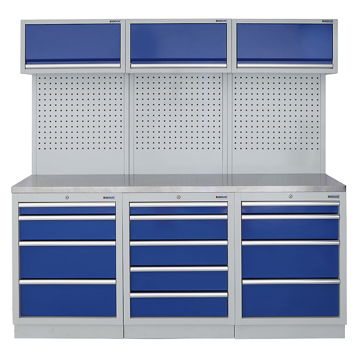 BiGDUG | 2041mm Wide Modular Storage System | 6 Cabinet, BiGDUG | 2041mm Wide Modular Storage System | 6 Cabinet, BiGDUG | 2041mm Wide Storage System | 4 Drawer Cabinet | 5 Drawer Cabinet | 4 Drawer Cabinet | 3x Wall Panel | 3x Wall Cupboard | Grey Housing | Blue Doors | Stainless Worktop-0
