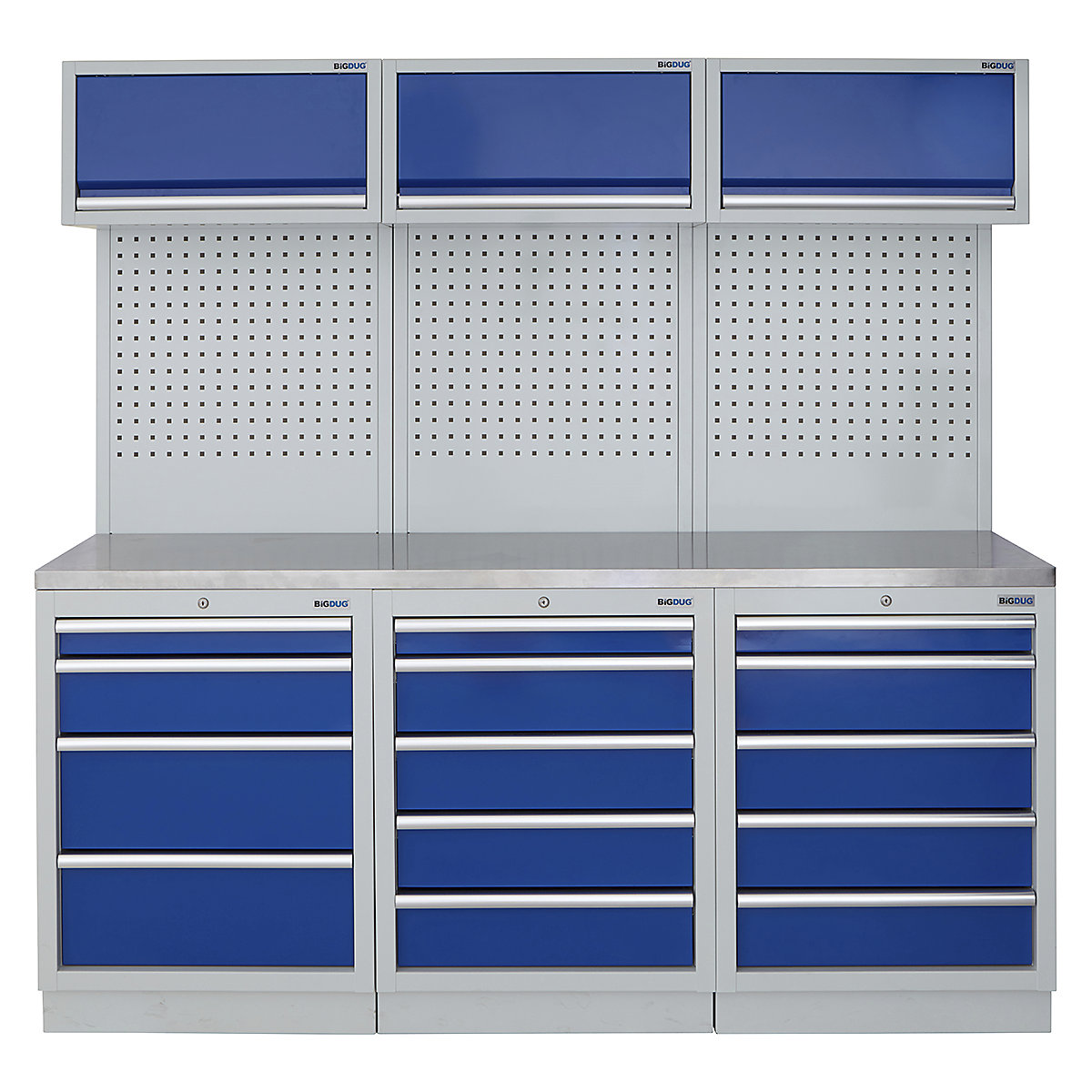 BiGDUG | 2041mm Wide Modular Storage System | 6 Cabinet, BiGDUG | 2041mm Wide Modular Storage System | 6 Cabinet, BiGDUG | 2041mm Wide Storage System | 4 Drawer Cabinet | 5 Drawer Cabinet | 5 Drawer Cabinet | 3x Wall Panel | 3x Wall Cupboard | Grey Housing | Blue Doors | Stainless Worktop-0