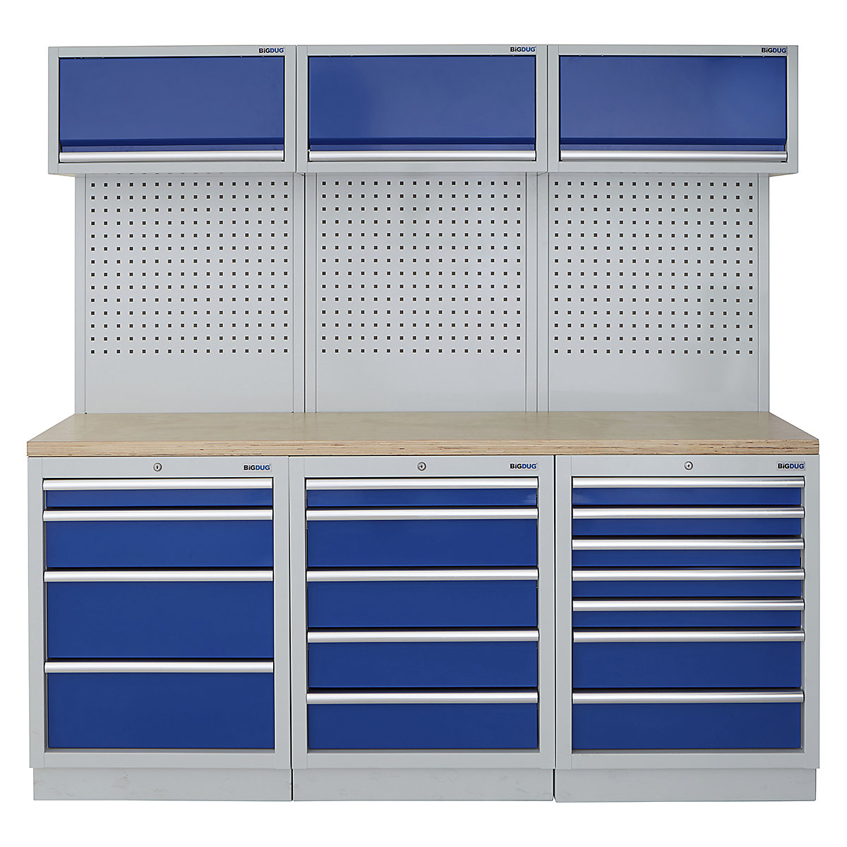BiGDUG | 2041mm Wide Modular Storage System | 6 Cabinet, BiGDUG | 2041mm Wide Modular Storage System | 6 Cabinet, BiGDUG | 2041mm Wide Storage System | 4 Drawer Cabinet | 5 Drawer Cabinet | 7 Drawer Cabinet | 3x Wall Panel | 3x Wall Cupboard | Grey Housing | Blue Doors | Multiplex Worktop-0