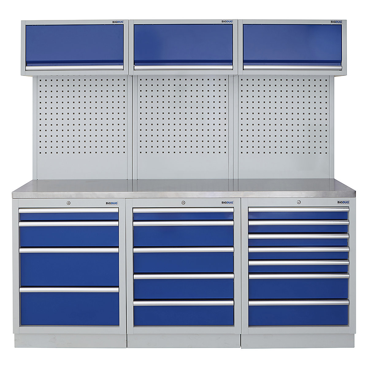 BiGDUG | 2041mm Wide Modular Storage System | 6 Cabinet, BiGDUG | 2041mm Wide Modular Storage System | 6 Cabinet, BiGDUG | 2041mm Wide Storage System | 4 Drawer Cabinet | 5 Drawer Cabinet | 7 Drawer Cabinet | 3x Wall Panel | 3x Wall Cupboard | Grey Housing | Blue Doors | Stainless Worktop-0