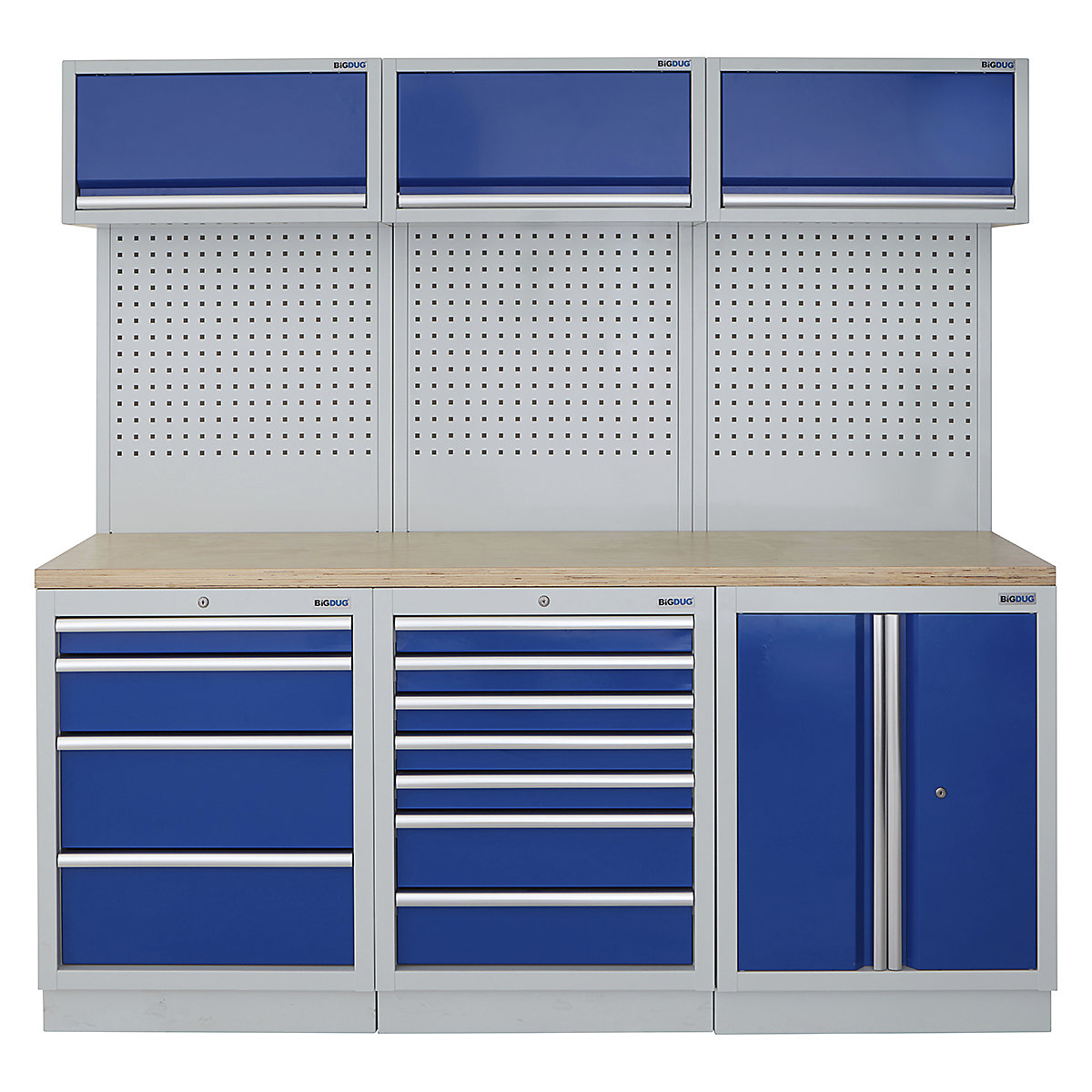 BiGDUG | 2041mm Wide Modular Storage System | 6 Cabinet, BiGDUG | 2041mm Wide Modular Storage System | 6 Cabinet, BiGDUG | 2041mm Wide Storage System | 4 Drawer Cabinet | 7 Drawer Cabinet | 2 Door Cupboard | 3x Wall Panel | 3x Wall Cupboard | Grey Housing | Blue Doors | Multiplex Worktop-0