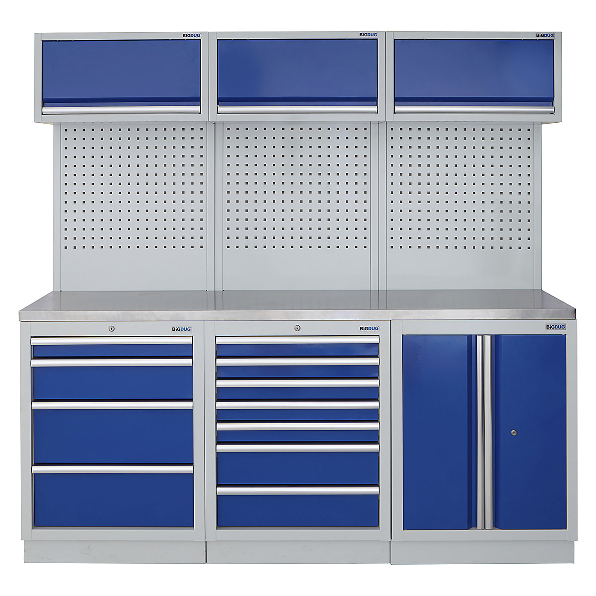 BiGDUG | 2041mm Wide Modular Storage System | 6 Cabinet, BiGDUG | 2041mm Wide Modular Storage System | 6 Cabinet, BiGDUG | 2041mm Wide Storage System | 4 Drawer Cabinet | 7 Drawer Cabinet | 2 Door Cupboard | 3x Wall Panel | 3x Wall Cupboard | Grey Housing | Blue Doors | Stainless Worktop-0