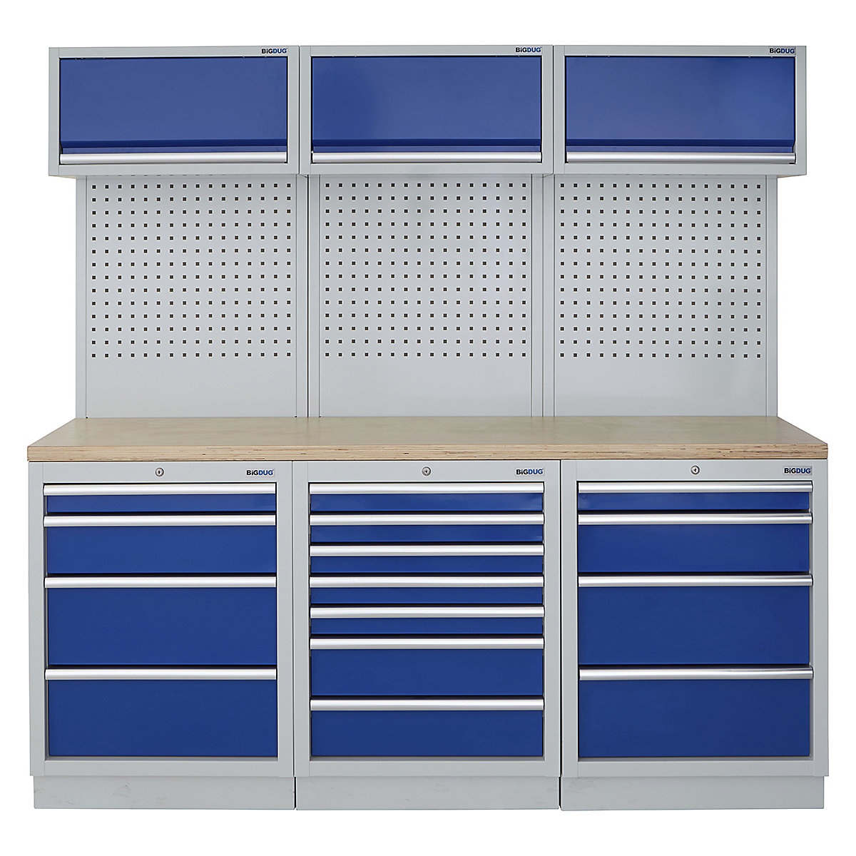 BiGDUG | 2041mm Wide Modular Storage System | 6 Cabinet, BiGDUG | 2041mm Wide Modular Storage System | 6 Cabinet, BiGDUG | 2041mm Wide Storage System | 4 Drawer Cabinet | 7 Drawer Cabinet | 4 Drawer Cabinet | 3x Wall Panel | 3x Wall Cupboard | Grey Housing | Blue Doors | Multiplex Worktop-0