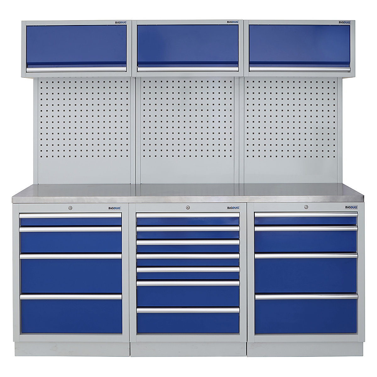 BiGDUG | 2041mm Wide Modular Storage System | 6 Cabinet, BiGDUG | 2041mm Wide Modular Storage System | 6 Cabinet, BiGDUG | 2041mm Wide Storage System | 4 Drawer Cabinet | 7 Drawer Cabinet | 4 Drawer Cabinet | 3x Wall Panel | 3x Wall Cupboard | Grey Housing | Blue Doors | Stainless Worktop-0