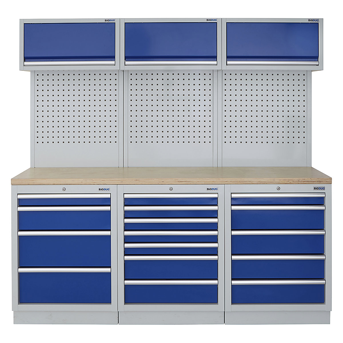 BiGDUG | 2041mm Wide Modular Storage System | 6 Cabinet, BiGDUG | 2041mm Wide Modular Storage System | 6 Cabinet, BiGDUG | 2041mm Wide Storage System | 4 Drawer Cabinet | 7 Drawer Cabinet | 5 Drawer Cabinet | 3x Wall Panel | 3x Wall Cupboard | Grey Housing | Blue Doors | Multiplex Worktop-0