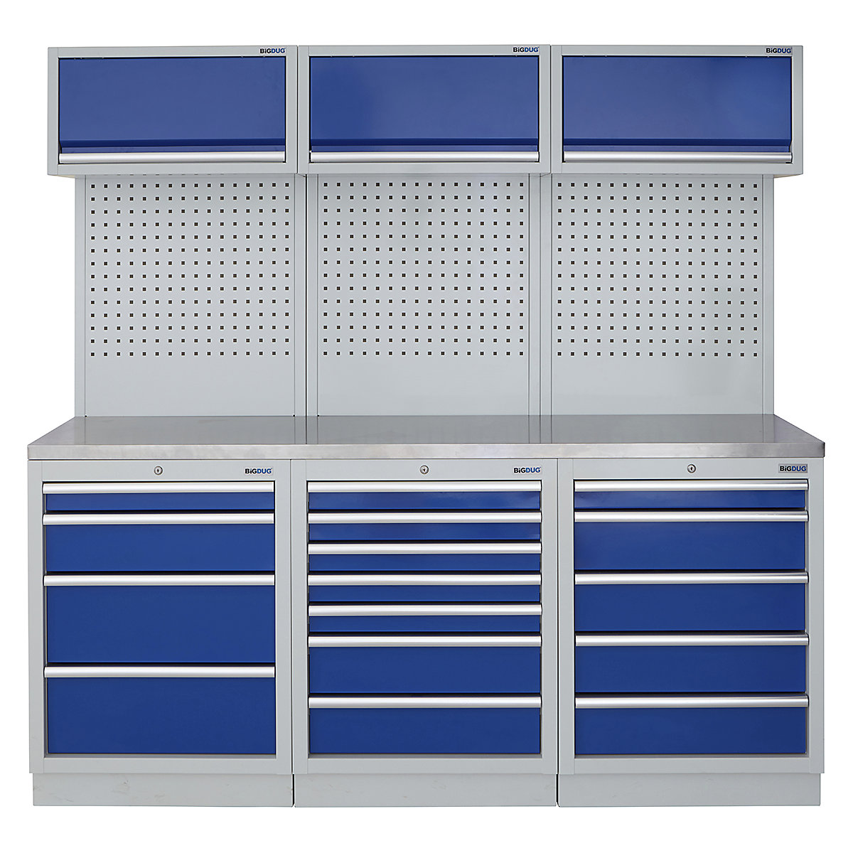 BiGDUG | 2041mm Wide Modular Storage System | 6 Cabinet, BiGDUG | 2041mm Wide Modular Storage System | 6 Cabinet, BiGDUG | 2041mm Wide Storage System | 4 Drawer Cabinet | 7 Drawer Cabinet | 5 Drawer Cabinet | 3x Wall Panel | 3x Wall Cupboard | Grey Housing | Blue Doors | Stainless Worktop-0