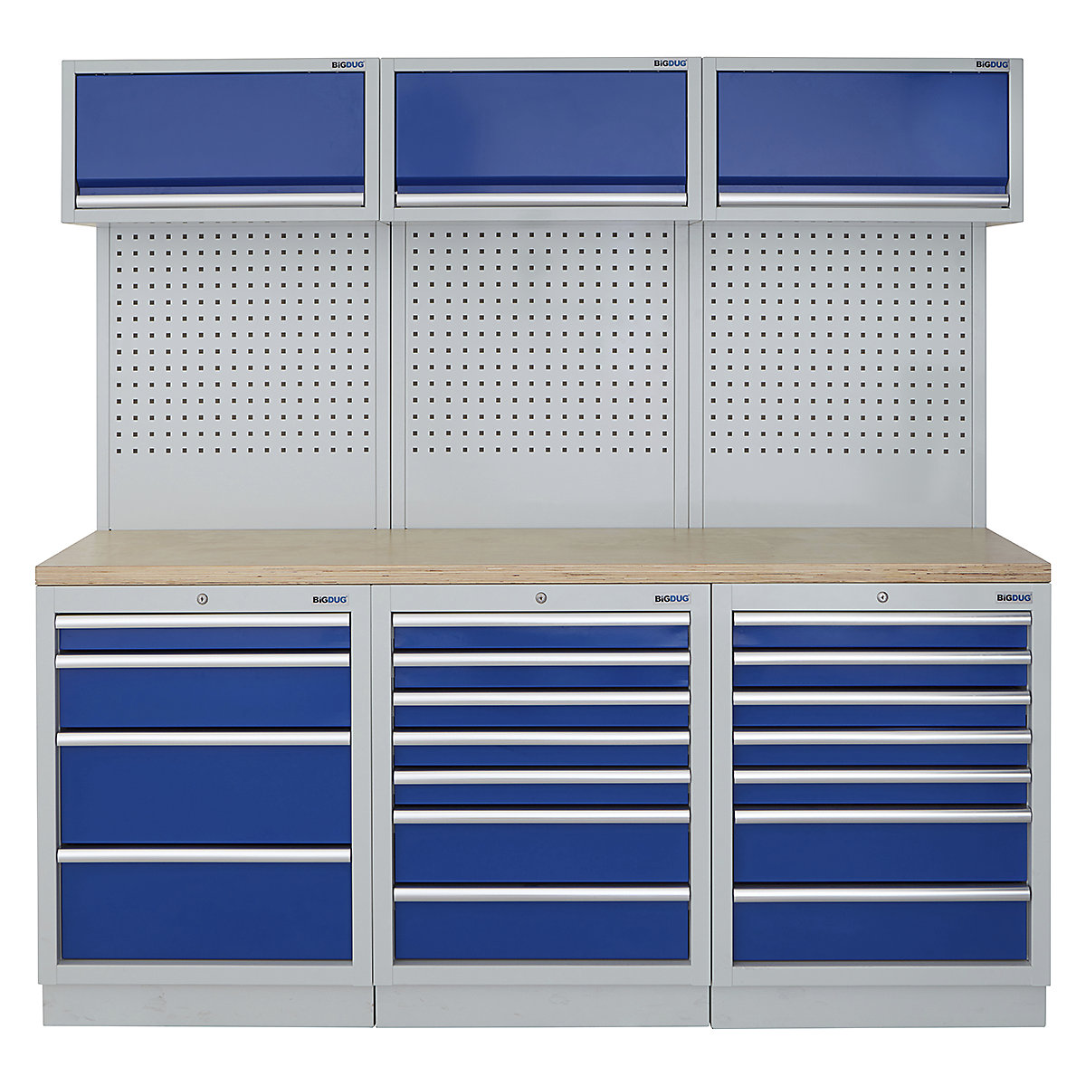 BiGDUG | 2041mm Wide Modular Storage System | 6 Cabinet, BiGDUG | 2041mm Wide Modular Storage System | 6 Cabinet, BiGDUG | 2041mm Wide Storage System | 4 Drawer Cabinet | 7 Drawer Cabinet | 7 Drawer Cabinet | 3x Wall Panel | 3x Wall Cupboard | Grey Housing | Blue Doors | Multiplex Worktop-0