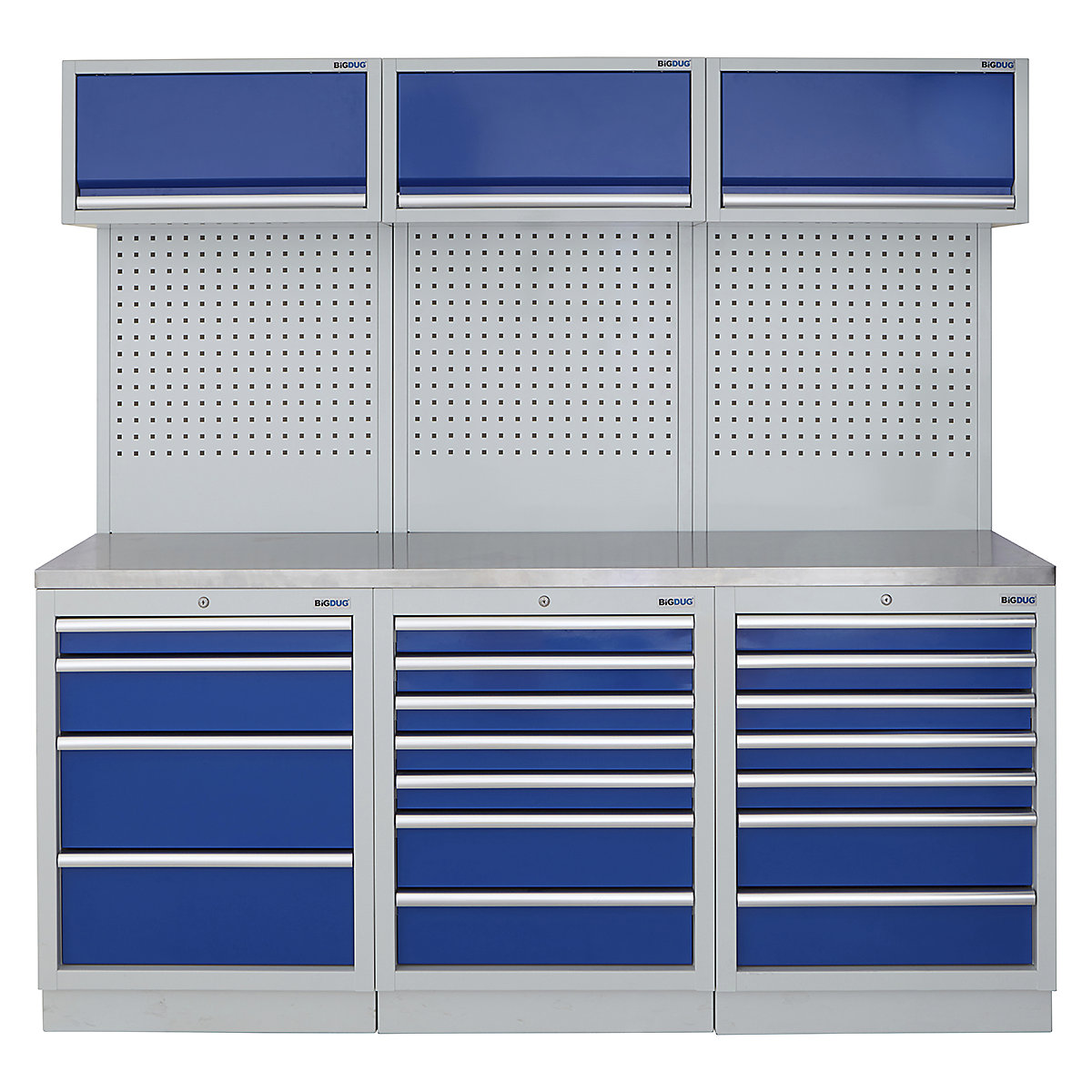 BiGDUG | 2041mm Wide Modular Storage System | 6 Cabinet, BiGDUG | 2041mm Wide Modular Storage System | 6 Cabinet, BiGDUG | 2041mm Wide Storage System | 4 Drawer Cabinet | 7 Drawer Cabinet | 7 Drawer Cabinet | 3x Wall Panel | 3x Wall Cupboard | Grey Housing | Blue Doors | Stainless Worktop-0