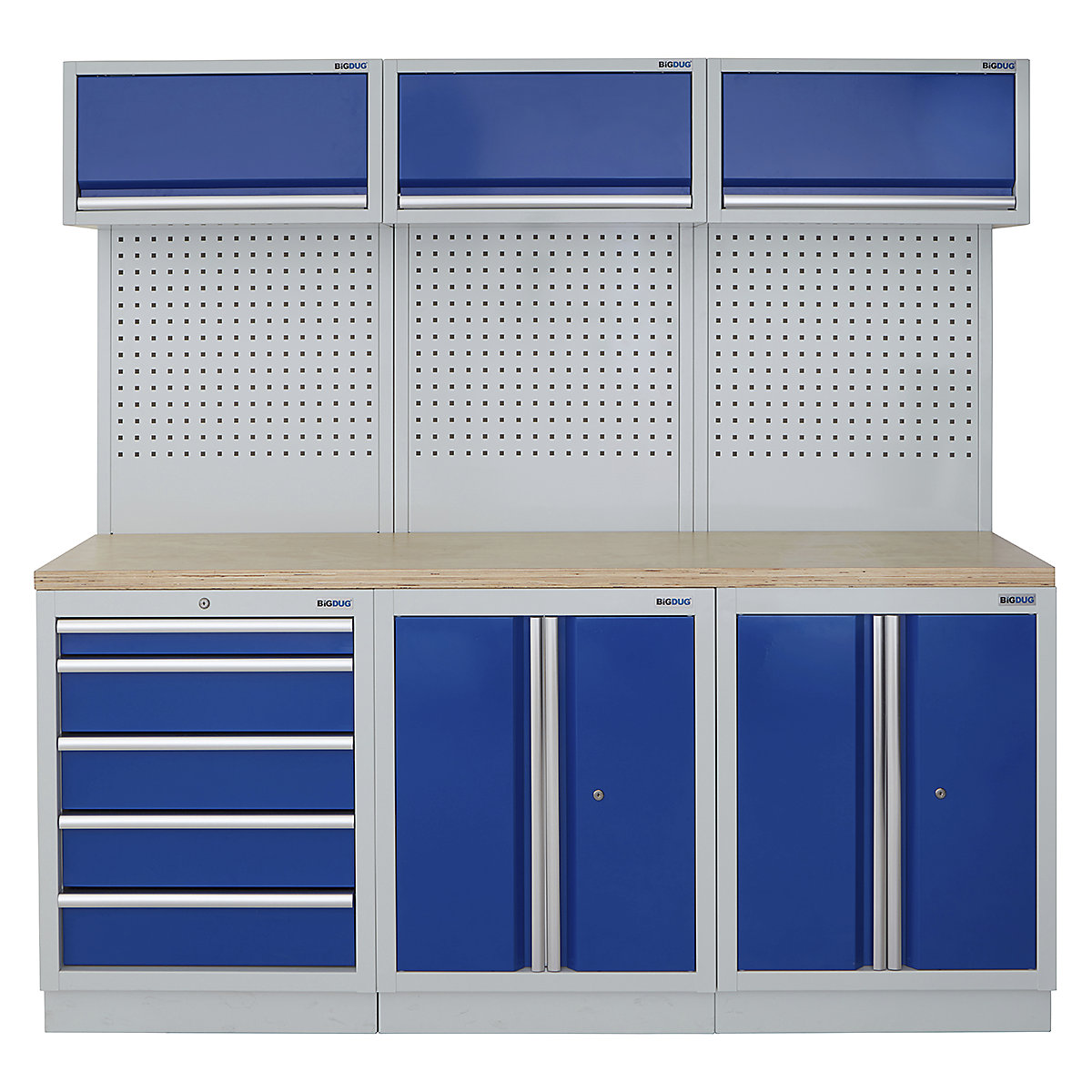 BiGDUG | 2041mm Wide Modular Storage System | 6 Cabinet, BiGDUG | 2041mm Wide Modular Storage System | 6 Cabinet, BiGDUG | 2041mm Wide Storage System | 5 Drawer Cabinet | 2 Door Cupboard | 2 Door Cupboard | 3x Wall Panel | 3x Wall Cupboard | Grey Housing | Blue Doors | Multiplex Worktop-0
