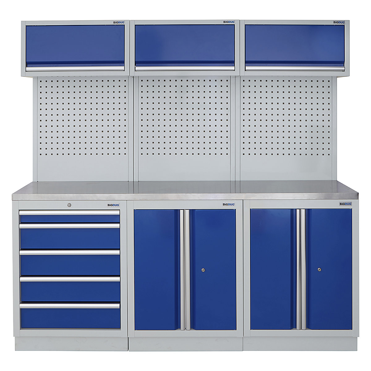 BiGDUG | 2041mm Wide Modular Storage System | 6 Cabinet, BiGDUG | 2041mm Wide Modular Storage System | 6 Cabinet, BiGDUG | 2041mm Wide Storage System | 5 Drawer Cabinet | 2 Door Cupboard | 2 Door Cupboard | 3x Wall Panel | 3x Wall Cupboard | Grey Housing | Blue Doors | Stainless Worktop-0