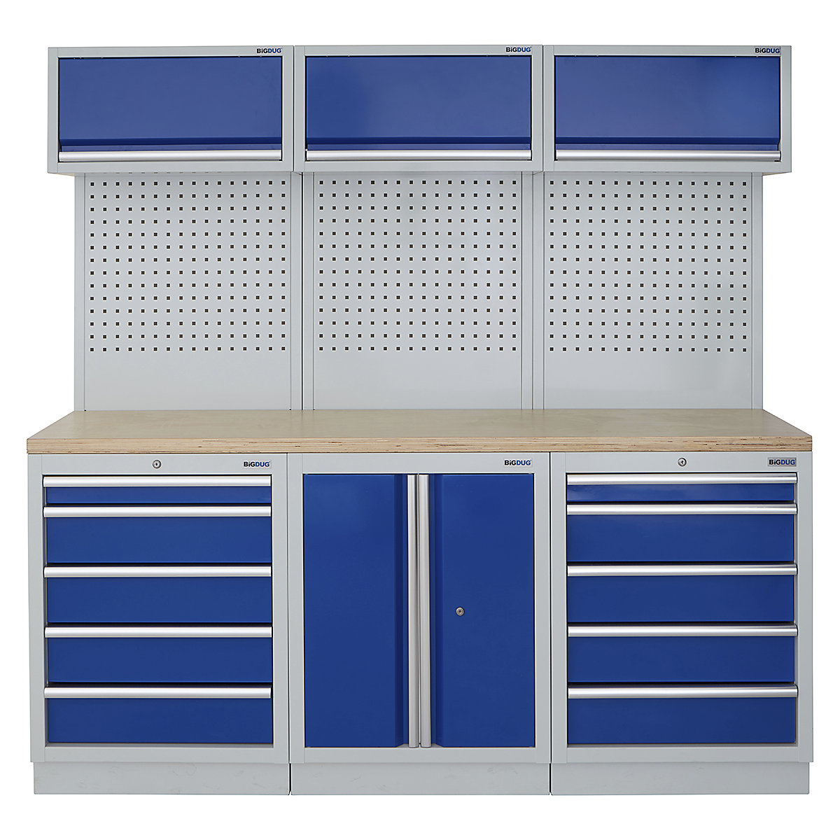 BiGDUG | 2041mm Wide Modular Storage System | 6 Cabinet, BiGDUG | 2041mm Wide Modular Storage System | 6 Cabinet, BiGDUG | 2041mm Wide Storage System | 5 Drawer Cabinet | 2 Door Cupboard | 5 Drawer Cabinet | 3x Wall Panel | 3x Wall Cupboard | Grey Housing | Blue Doors | Multiplex Worktop-0
