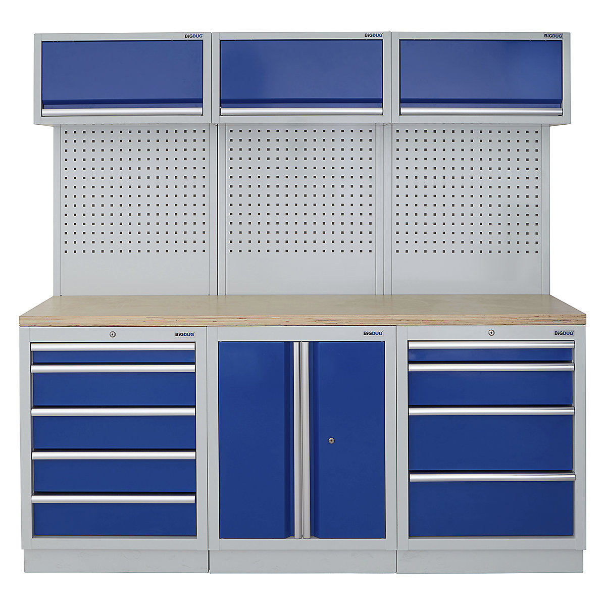 BiGDUG | 2041mm Wide Modular Storage System | 6 Cabinet, BiGDUG | 2041mm Wide Modular Storage System | 6 Cabinet, BiGDUG | 2041mm Wide Storage System | 5 Drawer Cabinet | 2 Door Cupboard | 4 Drawer Cabinet | 3x Wall Panel | 3x Wall Cupboard | Grey Housing | Blue Doors | Multiplex Worktop-0