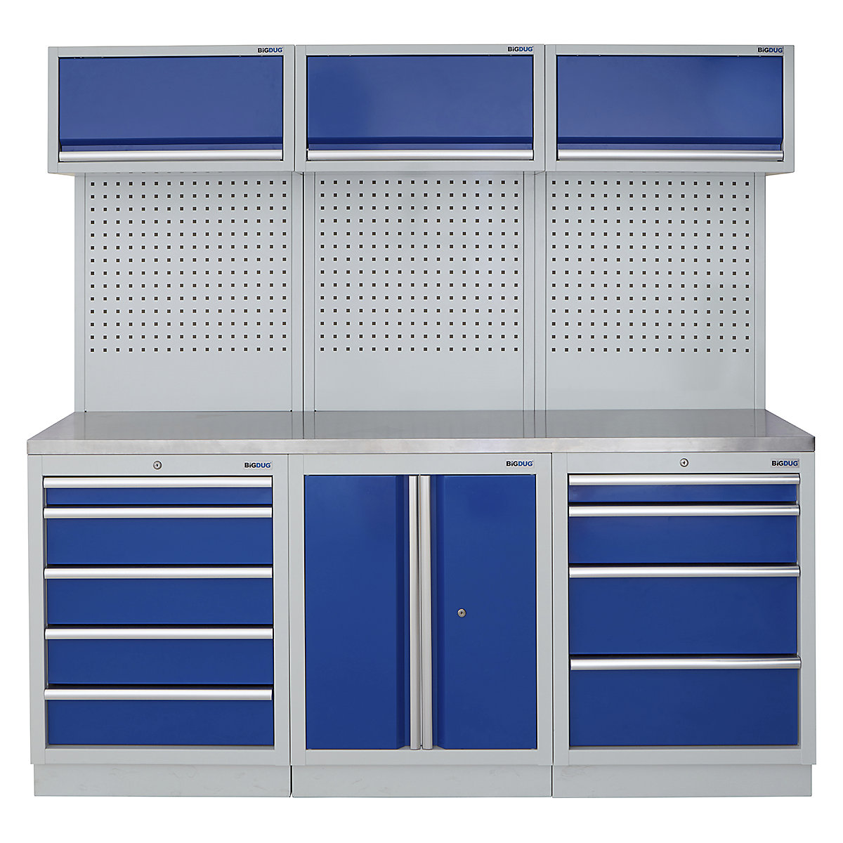 BiGDUG | 2041mm Wide Modular Storage System | 6 Cabinet, BiGDUG | 2041mm Wide Modular Storage System | 6 Cabinet, BiGDUG | 2041mm Wide Storage System | 5 Drawer Cabinet | 2 Door Cupboard | 4 Drawer Cabinet | 3x Wall Panel | 3x Wall Cupboard | Grey Housing | Blue Doors | Stainless Worktop-0