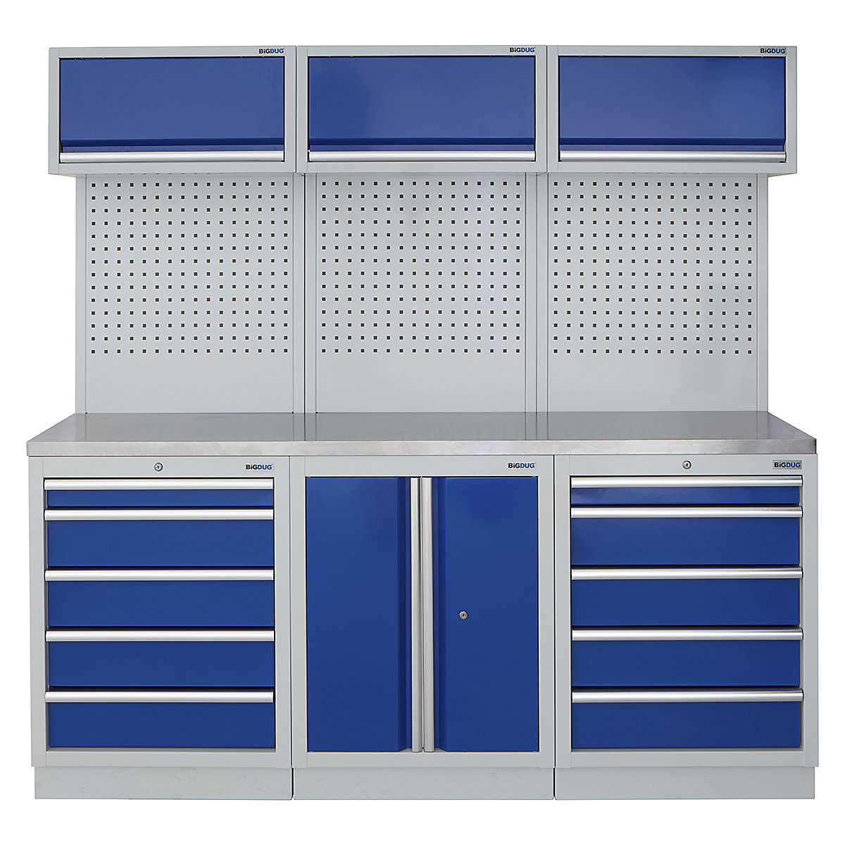 BiGDUG | 2041mm Wide Modular Storage System | 6 Cabinet, BiGDUG | 2041mm Wide Modular Storage System | 6 Cabinet, BiGDUG | 2041mm Wide Storage System | 5 Drawer Cabinet | 2 Door Cupboard | 5 Drawer Cabinet | 3x Wall Panel | 3x Wall Cupboard | Grey Housing | Blue Doors | Stainless Worktop-0